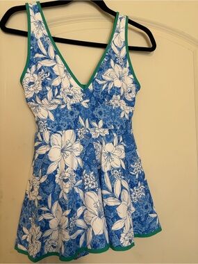 Johnny Was Blue and White Floral One-Piece Swimdress with Green Trim
